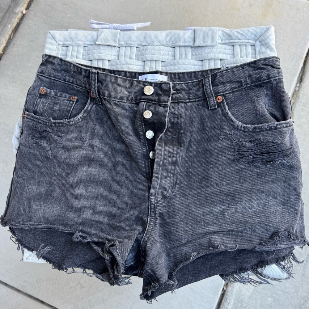 Zara Charcoal Denim Button Up Shorts with Frayed bottom